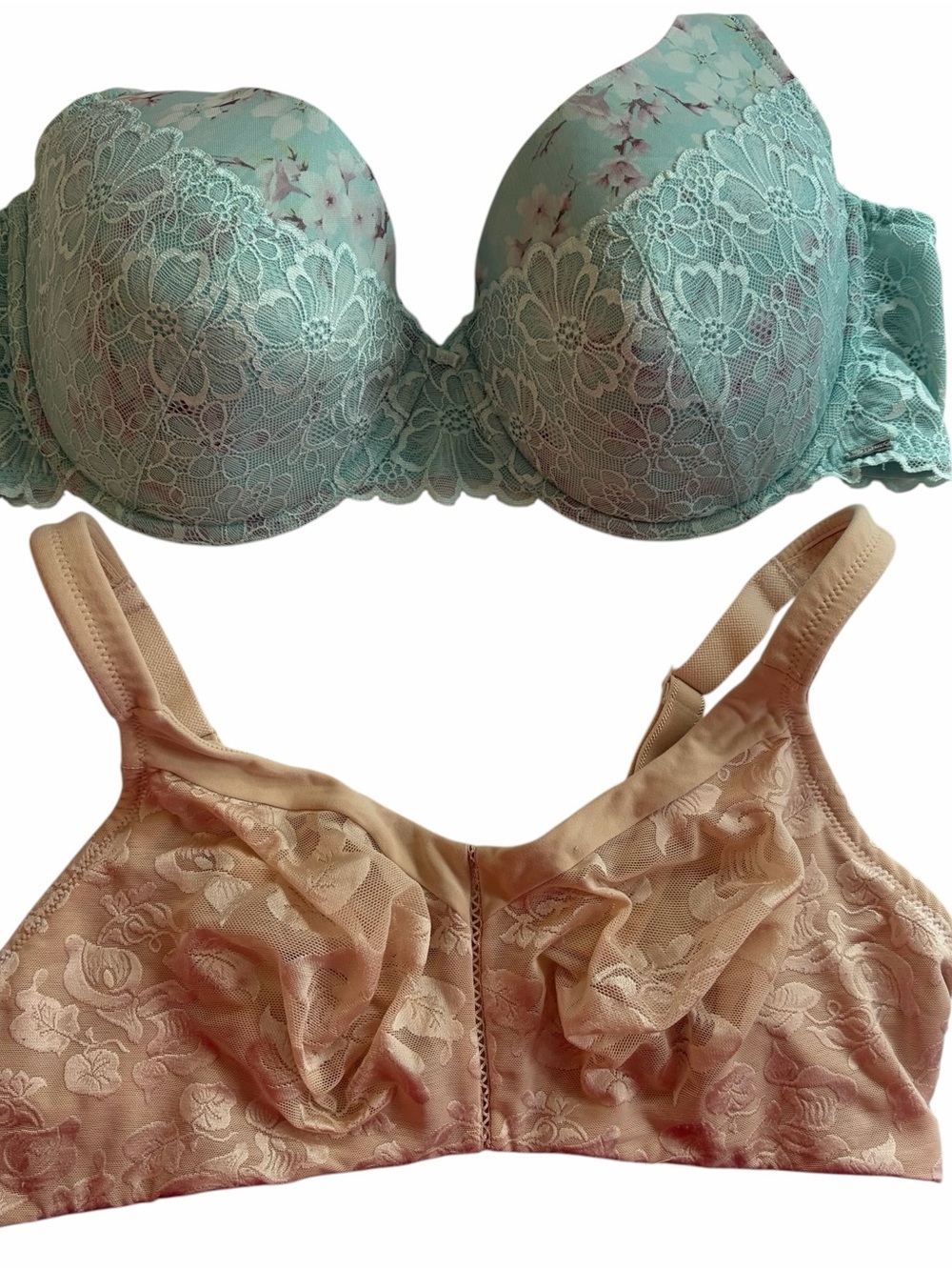 plus size Women moulded Lace Bra and Support Bra Set Mint & Nude size42D & 44D